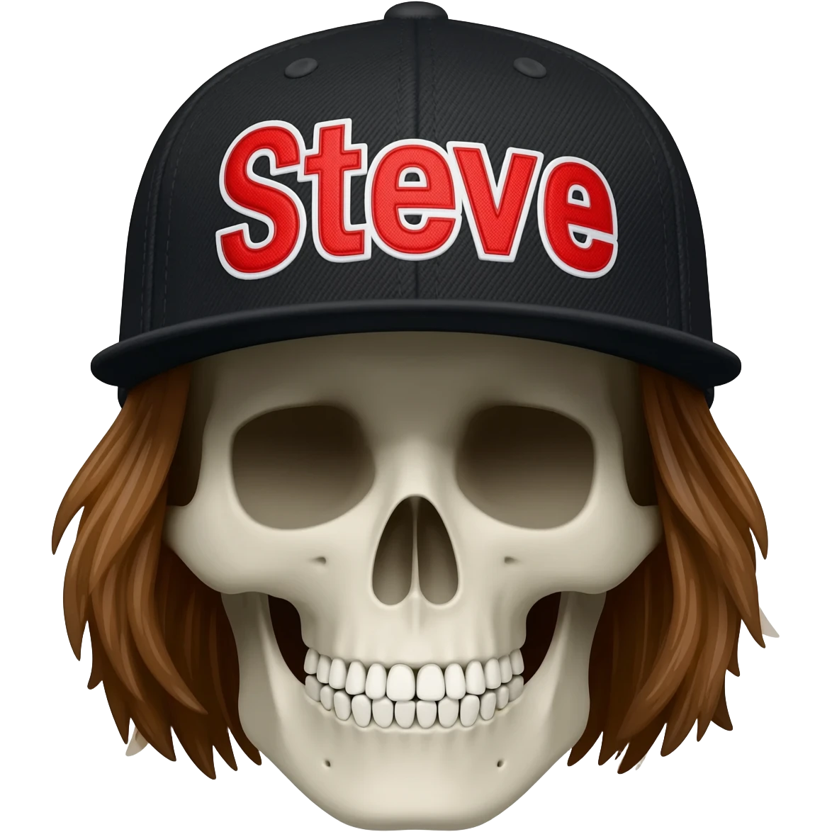 Create a skeleton head wearing a black baseball cap that says " Steve " in red, and white lettering, with brown hair emoji