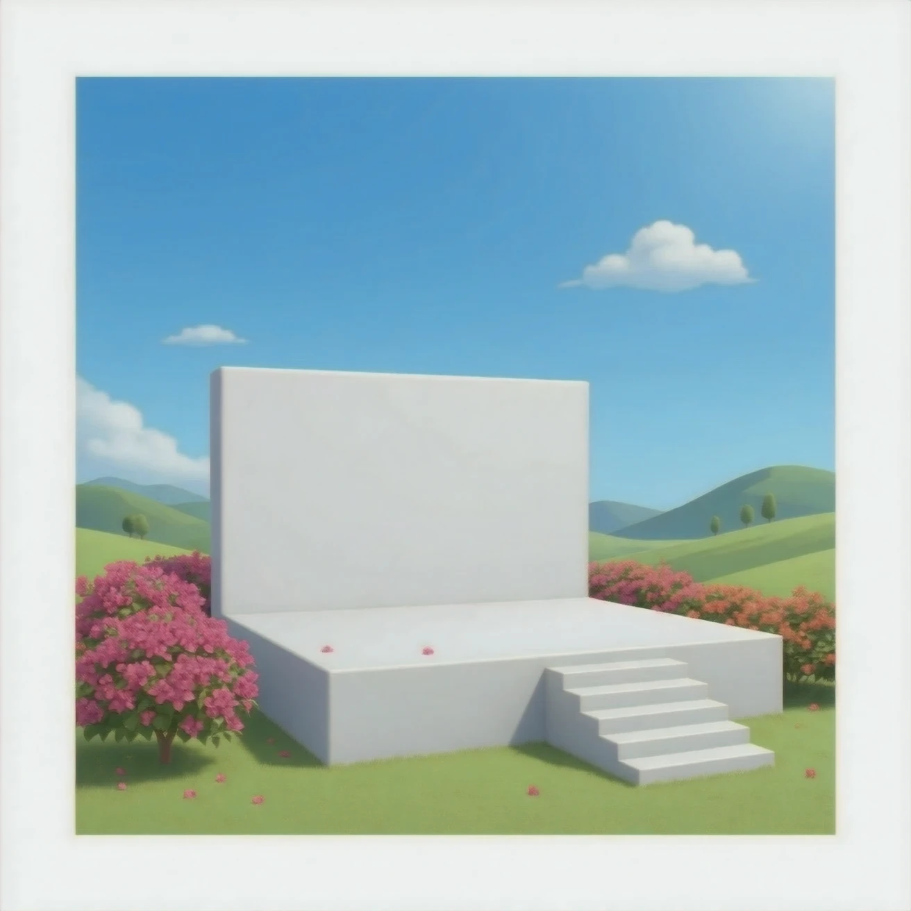 create an emoji of a big white bloc square with a few bougainvilliers flowers at the front. There should be 4 stairs on the right side of the bloc going towards the center stage coming from the bloc emoji