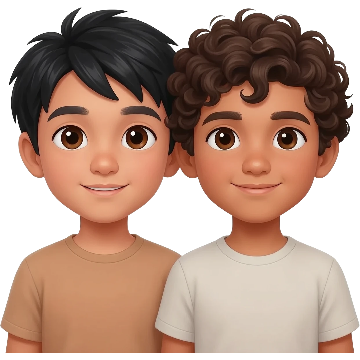 2 boys in love. One Asian a light tan with black hair and one Mexican with curly brown hair light tan skin. Both dark brown eyes emoji