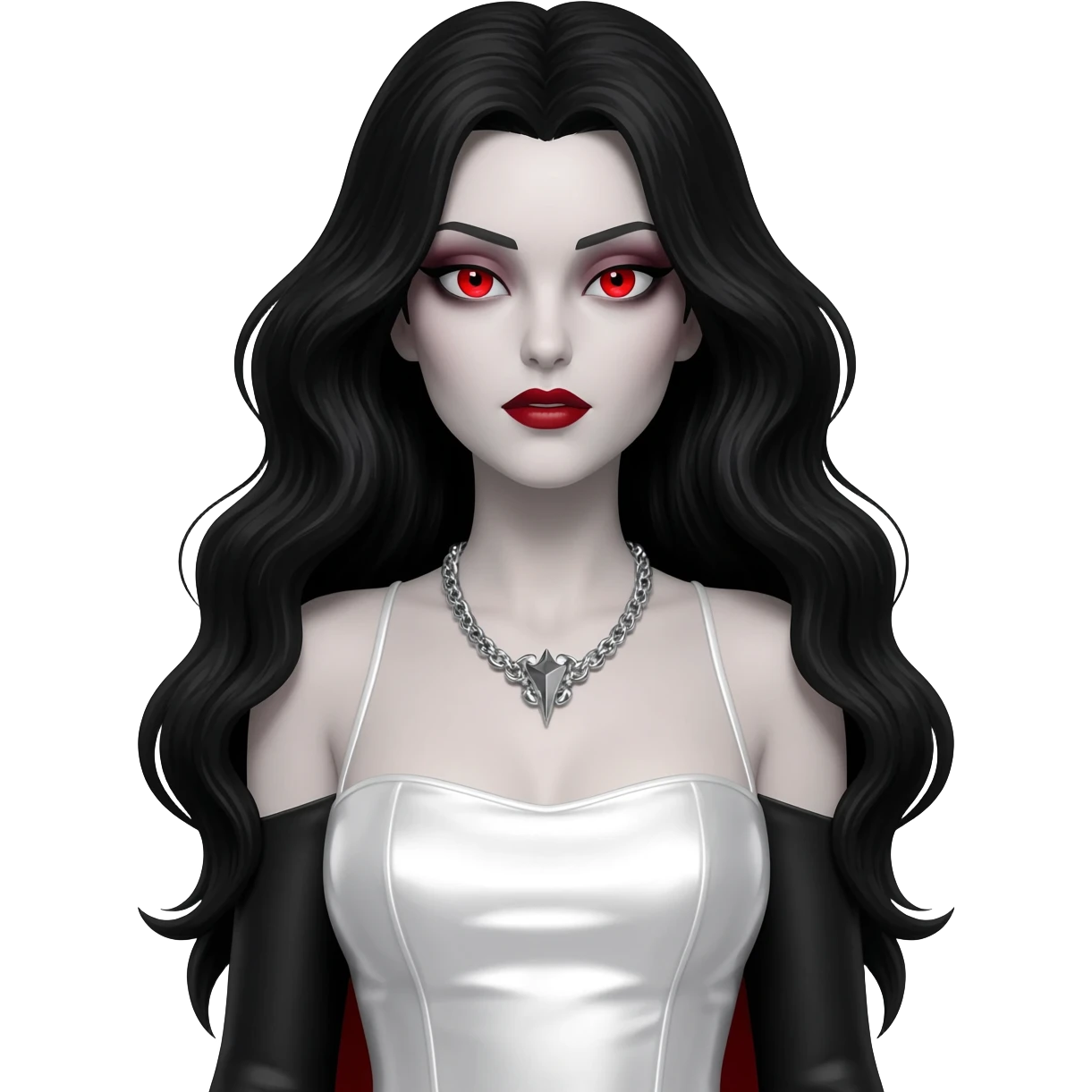 Countess Dracula with red eyes, long black hair, white metallic long dress, silver necklace emoji