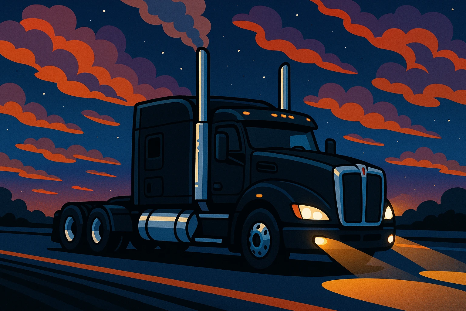 cartoon style black Kenworth T680 Flat Top semi sleeper driving down the highway at night, smoke coming out of chrome stacks, dramatic night sky, headlights on, vibrant and fun emoji