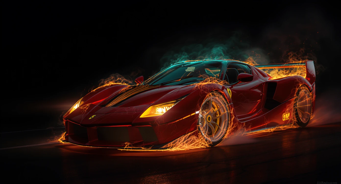 ferrari f40 in fire, black voice around, top spot light, dark has turquoise shade, cinematic look, captured on arri alexa emoji