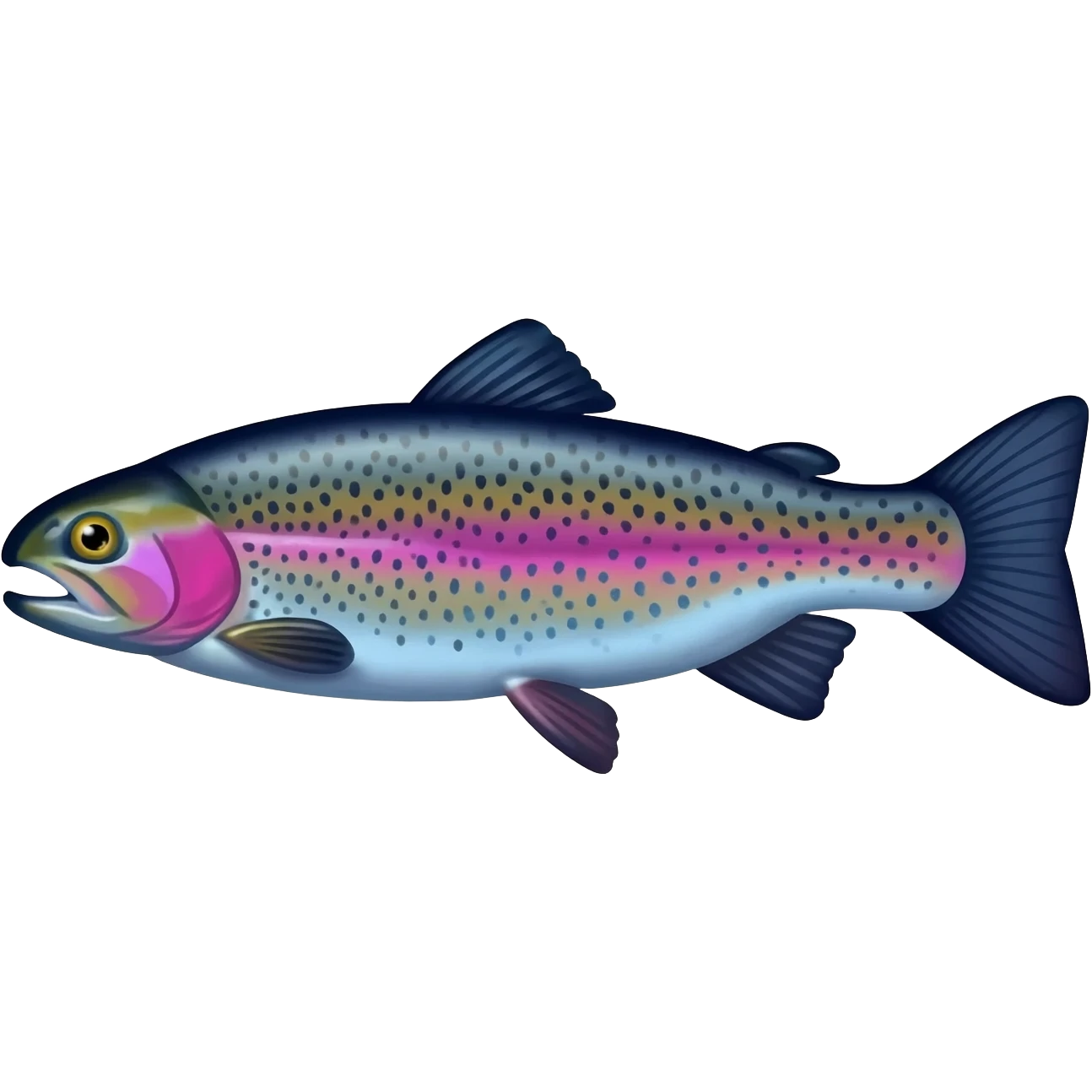 whole rainbow trout fish with spots facing left bright purple blue green yellow white emoji