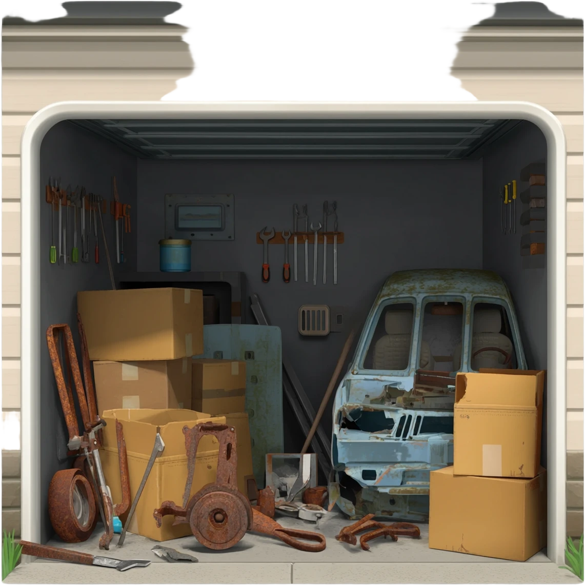 open garage with junk emoji