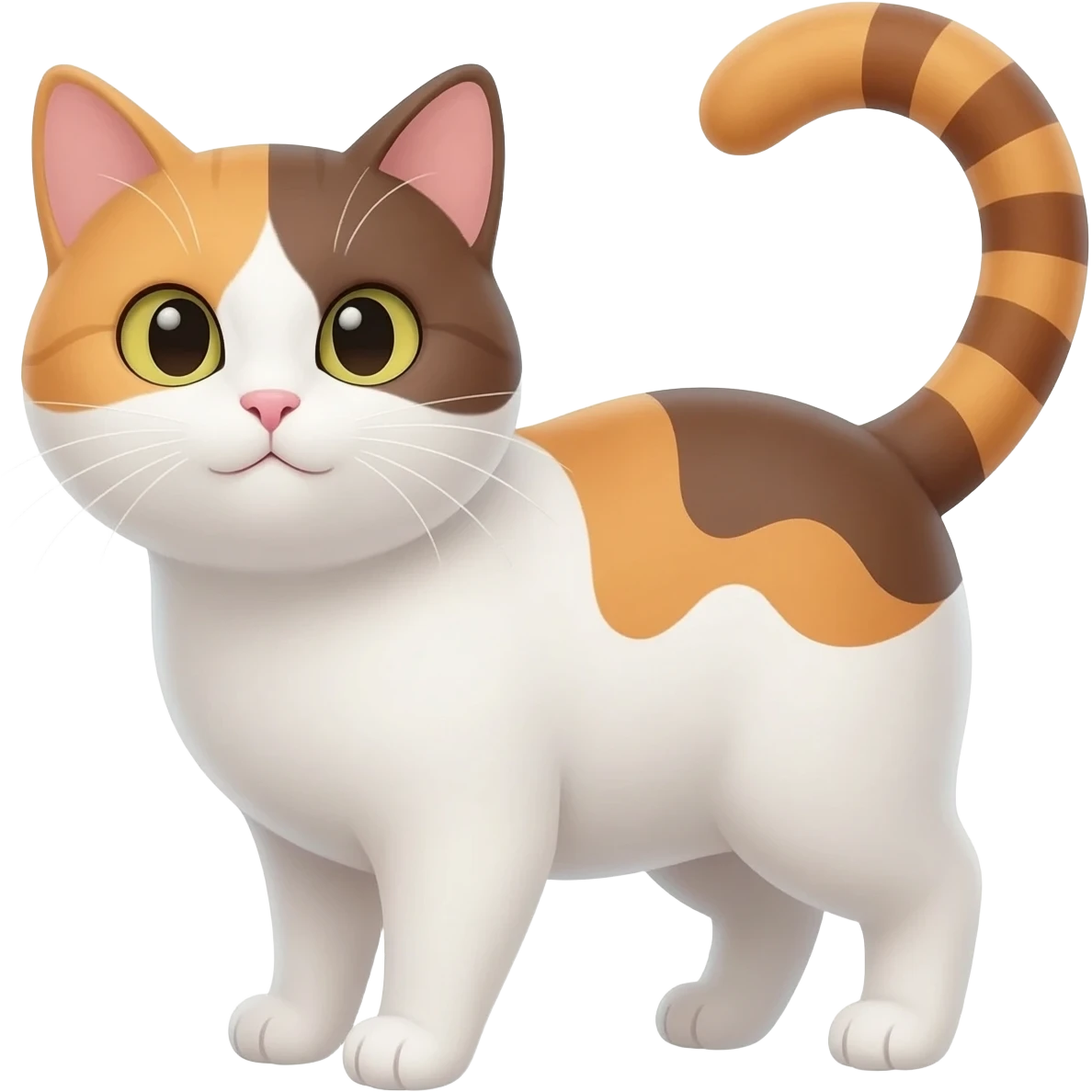 detailed emoji illustration of a white cat with brown and ginger patches standing and looking forward, striped ginger tail, soft rounded shapes, adorable expression, cute emoji style emoji