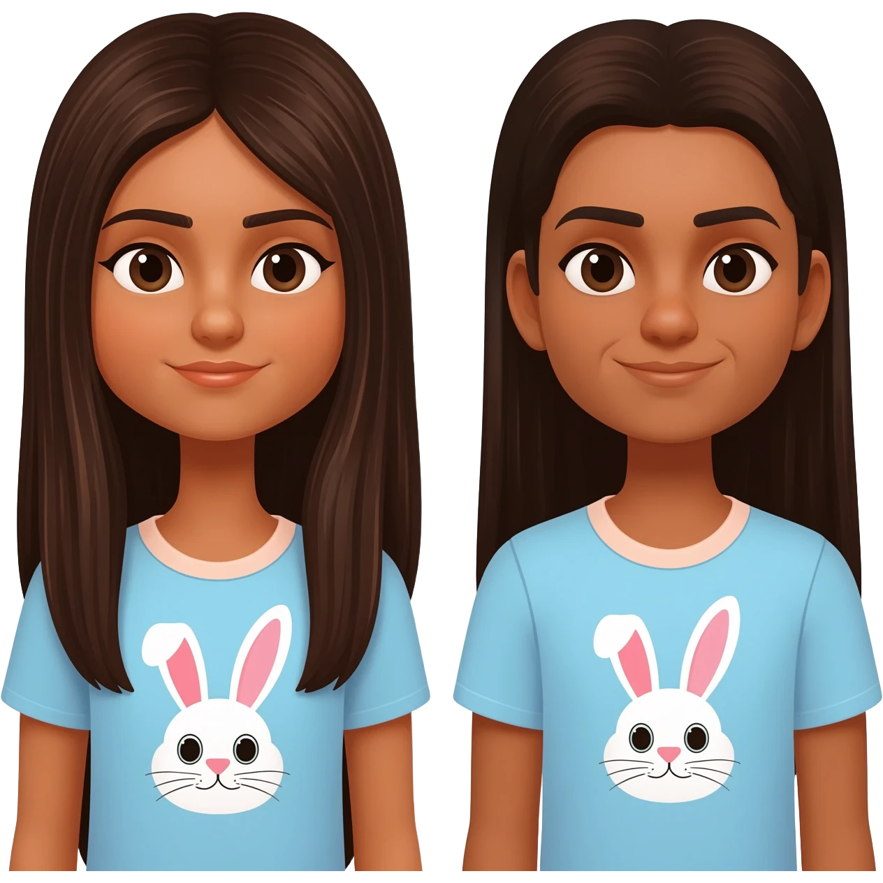 two identical friends with the emoji style. Both have matching bunny shirts and have PIN STRAIGHT HAIR One has super long dark brown hair that goes to waist, one has long hair that is also dark brown. They both have Indian skin emoji