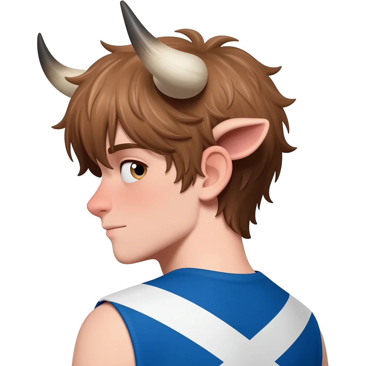 curly femboy with messy light brown bangs covering the eyes with bull horns and bull ears with scottish flag on his shoulders side view emoji