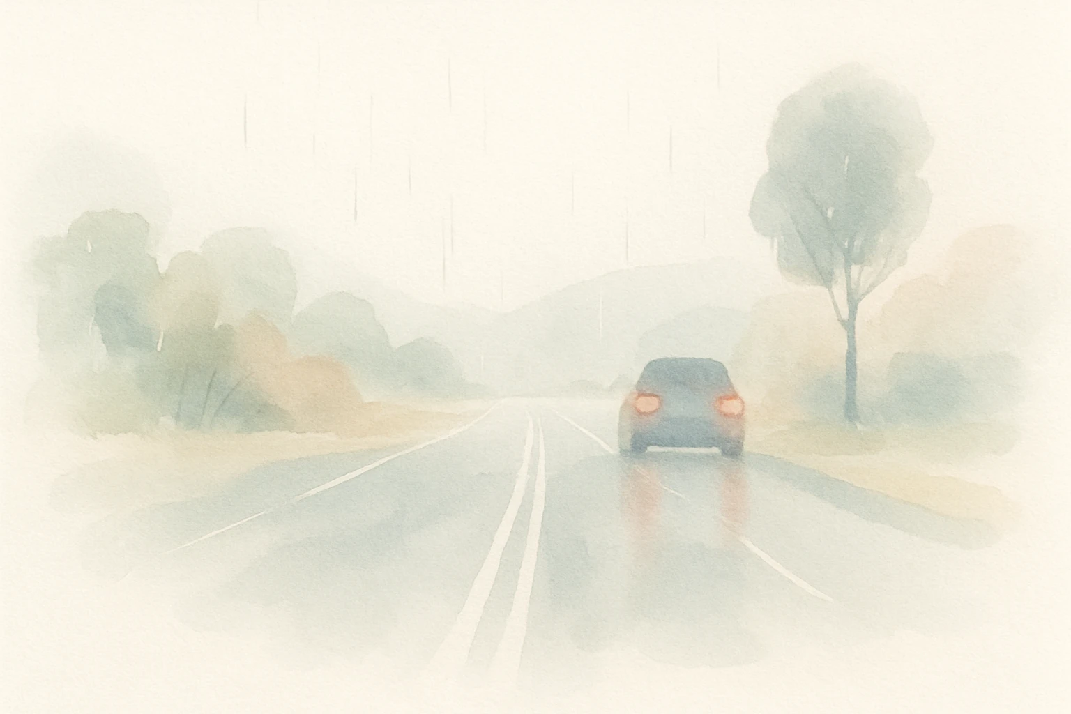 a rainy road with soft colors and blurred edges in watercolor style emoji