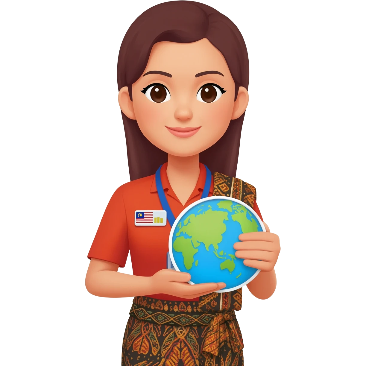 Female Malaysian Tourist Guide with Badge, Batik Cloth & hold Small World Map emoji