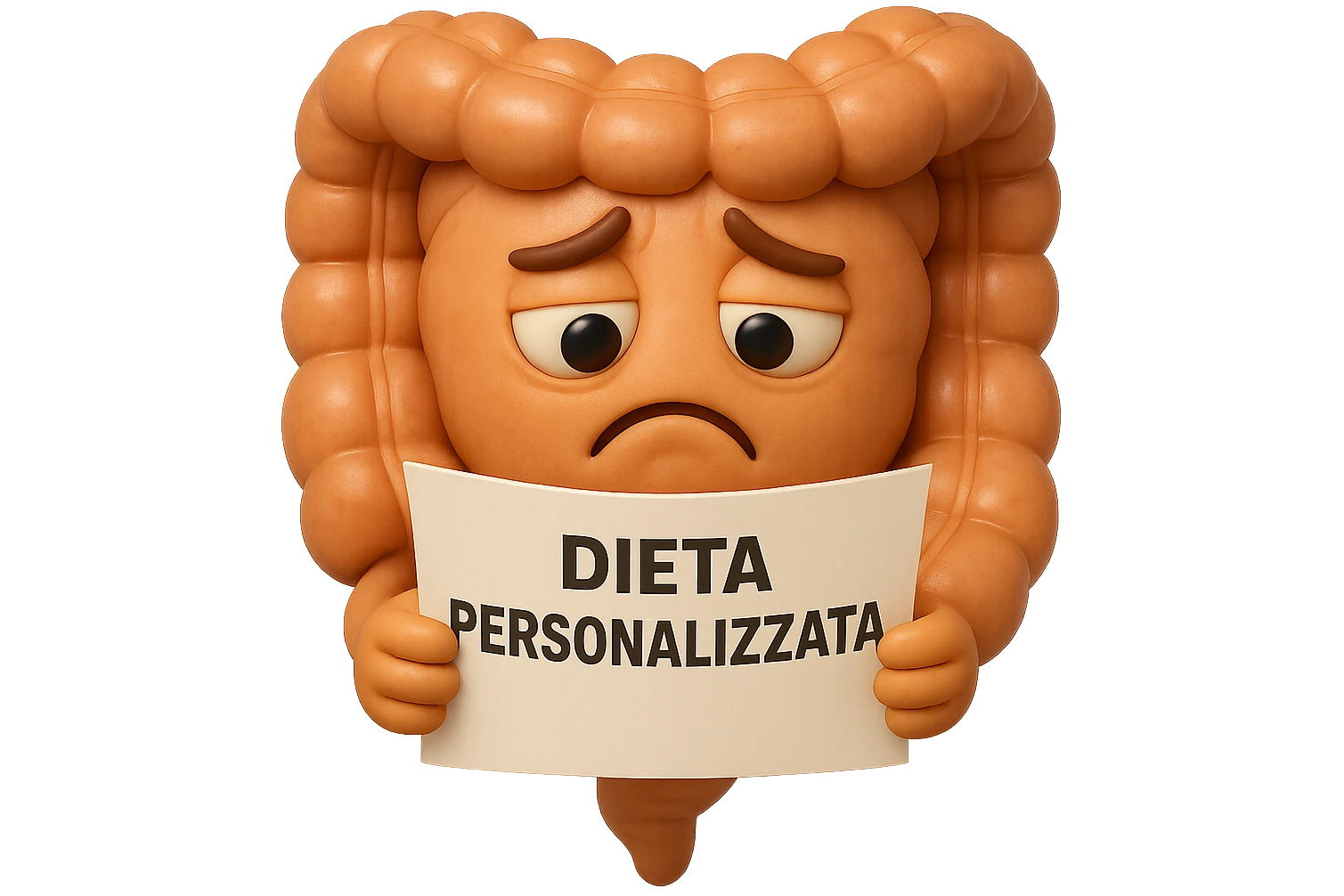 emoji stile iphone 3d di un intestino con mal di pancia che legge un foglio con la scritta "DIETA PERSONALIZZATA", ESPRESSIONE PENSIEROSA, iperrealistico 4k emoji