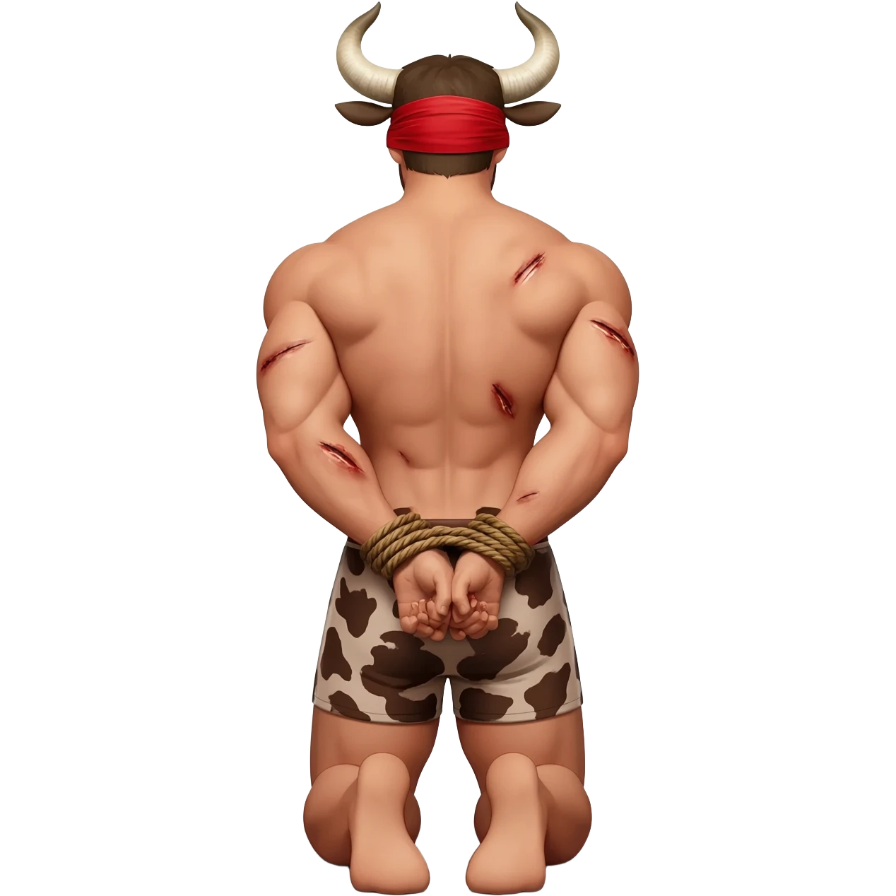 handsome extra large muscular man covered with scars with large breasts with bull horns and cow ears and bull tail with red blindfold dressed in thongs with brown cow print sits on his knees with hands tied behind the bback back view emoji