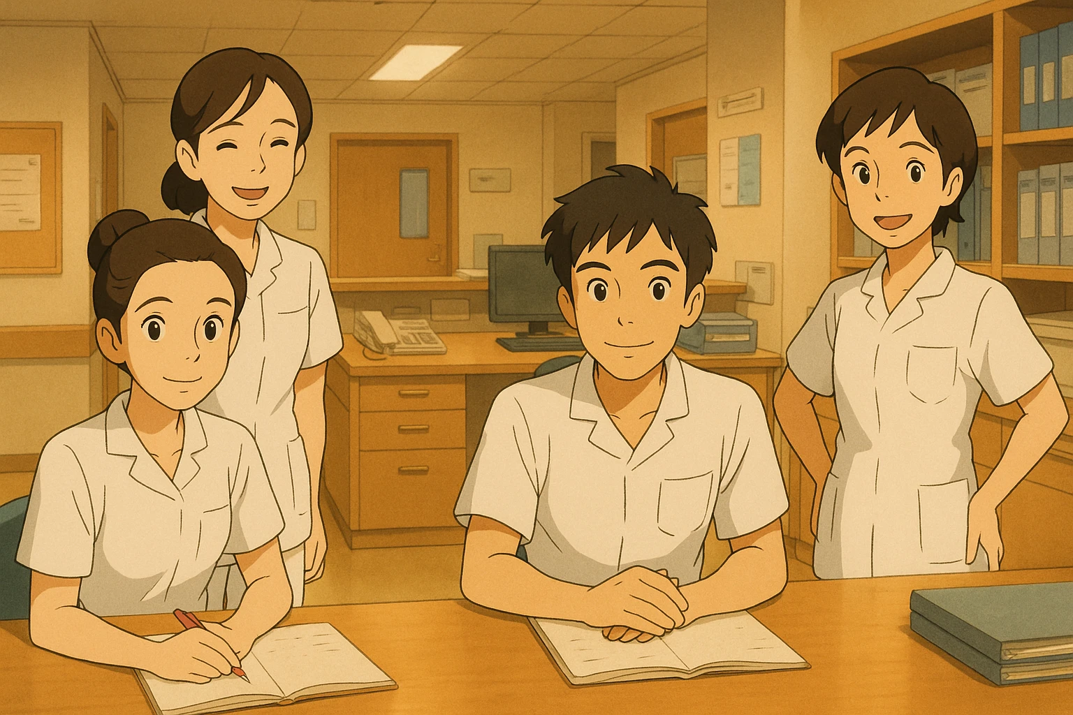 Four nursing students inspired by new photos, in a care station, Ghibli style, white short-sleeve medical tunics with V-neck and left chest pocket, no stethoscopes, no clothing under sleeves, warm and professional atmosphere. emoji