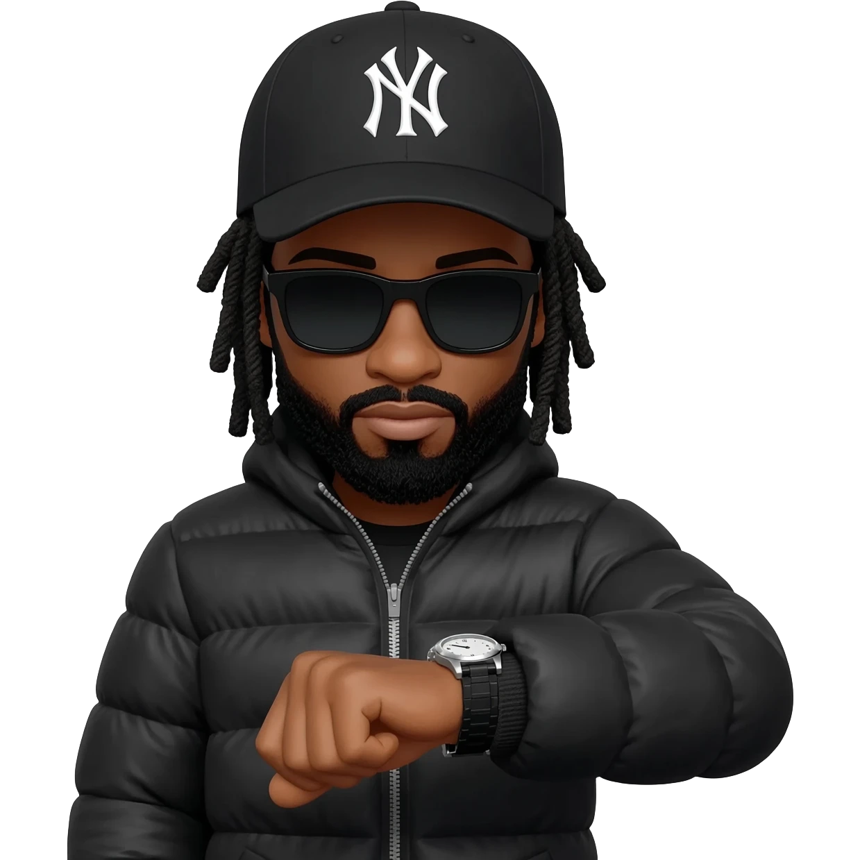 African American man with shoulder length black dreadlocks with black beard wearing black sunglasses wearing a black New York Yankees logo baseball cap wearing a black bubble winter coat wearing a wrist watch looking at the time on his wrist watch emoji