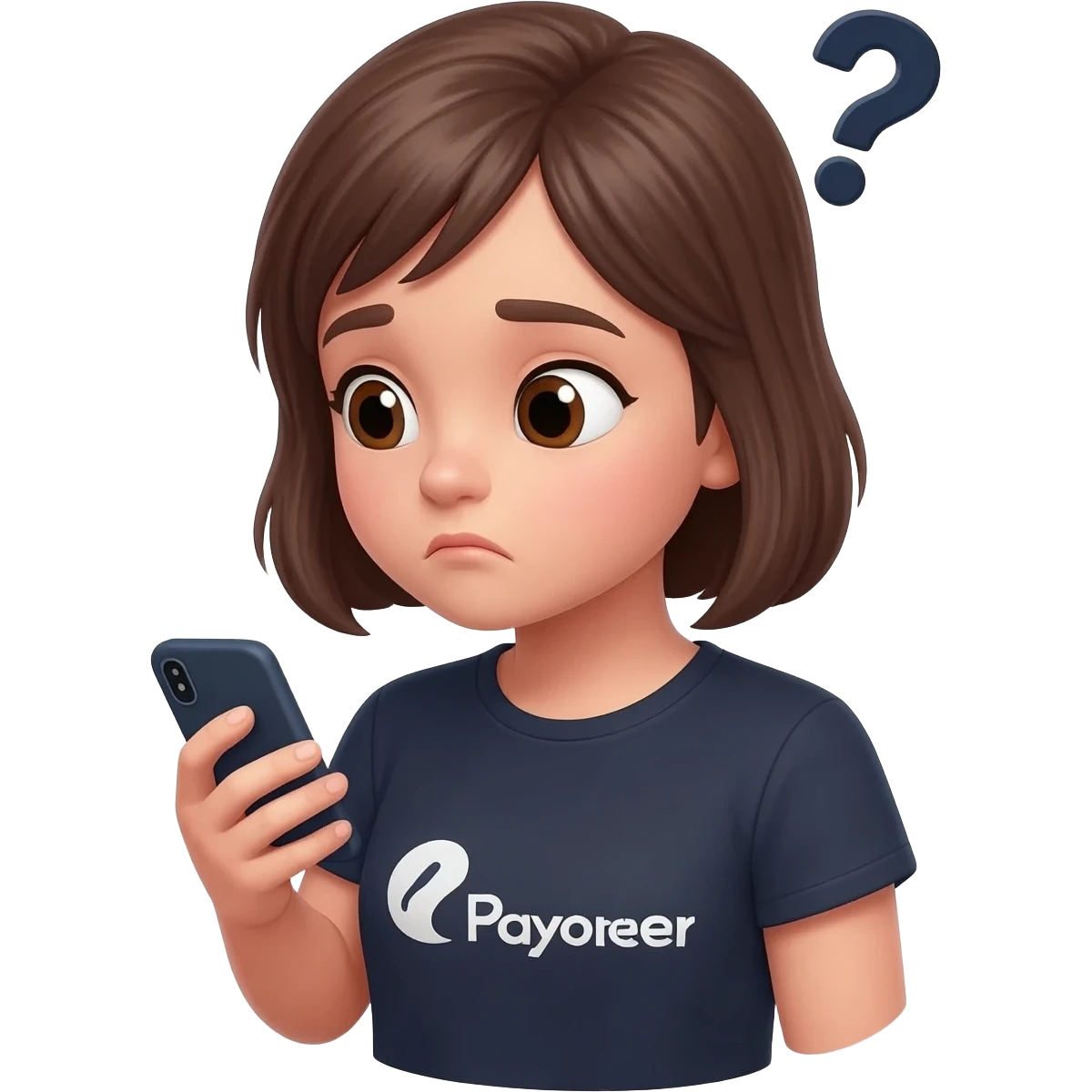 Girl looking at her phone with wondering face and a question mark wearing dark tshirt with payoneerwritten on it emoji