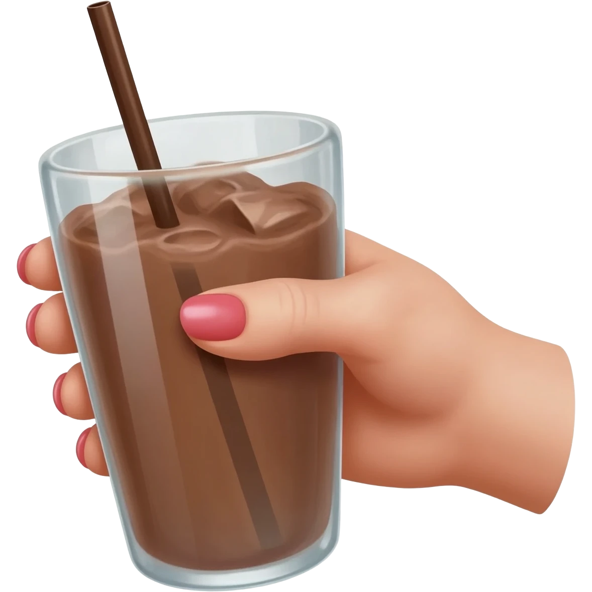 chocolat froid dans un grand verre avec une paille tenue par le bout d'une jolie main de femme avec une belle manucure Style Pinterest ultra réaliste Avec une bordure blanche IOS emoji
