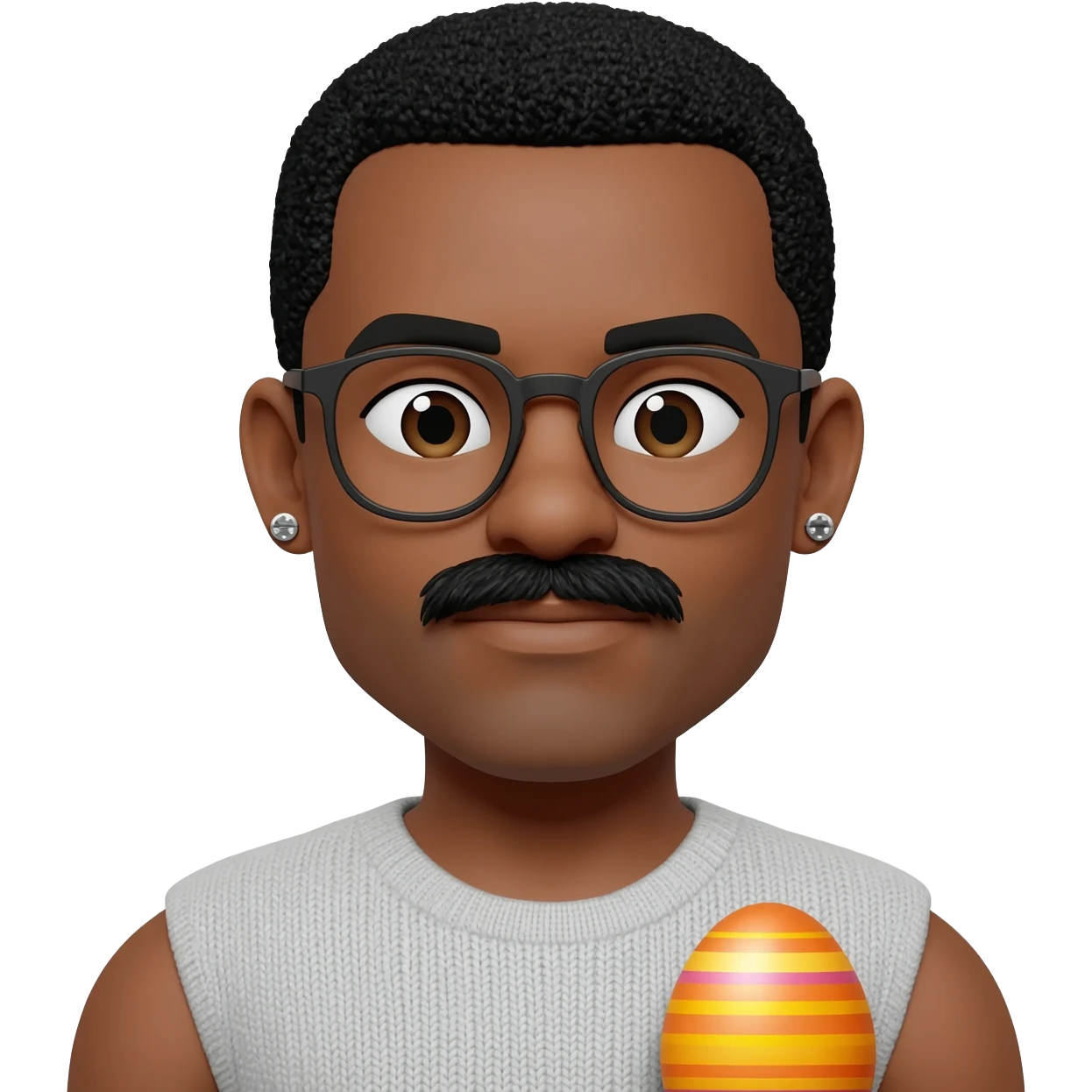 Black man with glasses, mustache,  stud earrings, and an Easter egg emoji