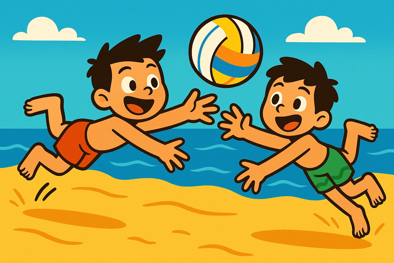 two boys diving for a volleyball on a beach, playful and fun emoji