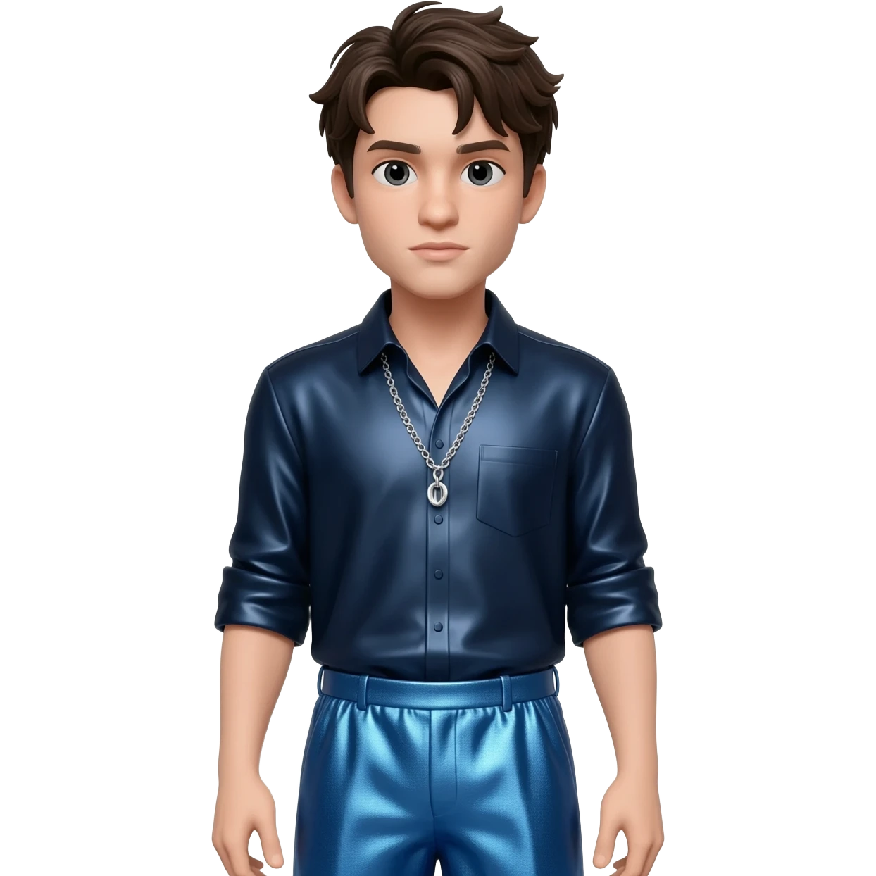 Jonathan Bailey with dark brown hair, dark blue metallic shirt, blue metallic baggy pants, silver necklace emoji