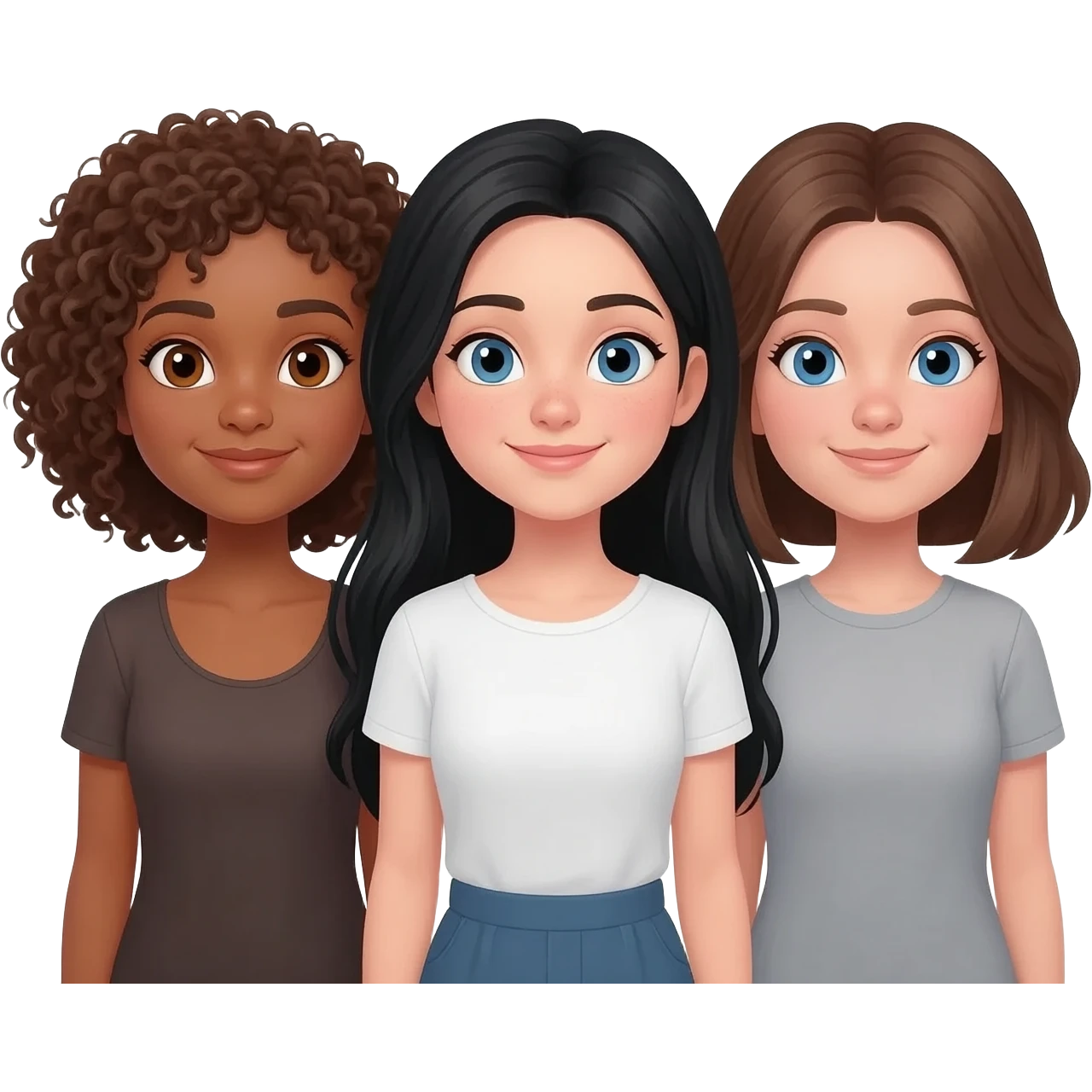 Trio girl best friends one girl with tan skin, brown eyes, and curly brown hair, and one girl with long black hair, blue eyes, and white skin, and one with medium length brown hair, blue eyes, and white skin. emoji