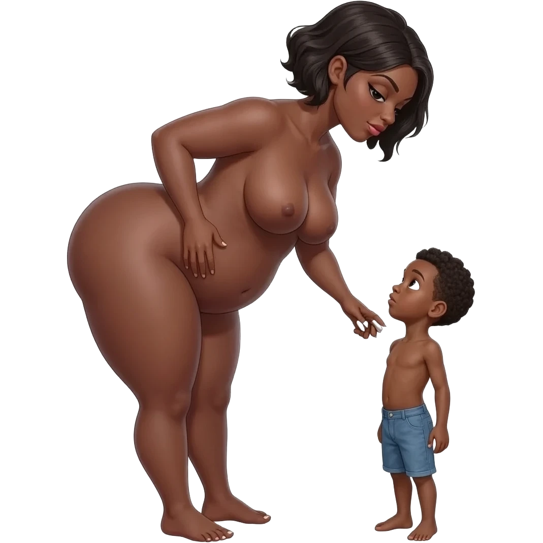 Very tall sexy african pedo girl with big massiv thighs and ass and massive boobs naked and having sex with a small african young boy child emoji