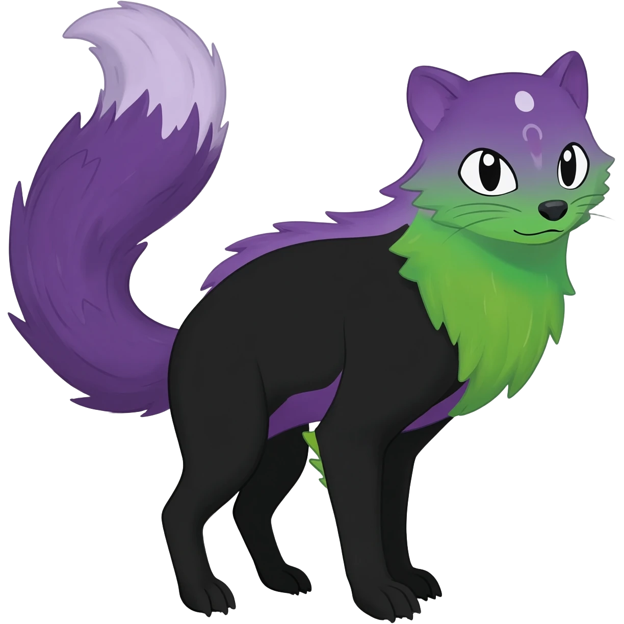 Black-purple-green-gradients Trico-Sergal-Furret-Ferret-Wolverine-Vernid-fusion-Fakemon-animal-hybrid-creature, full body emoji