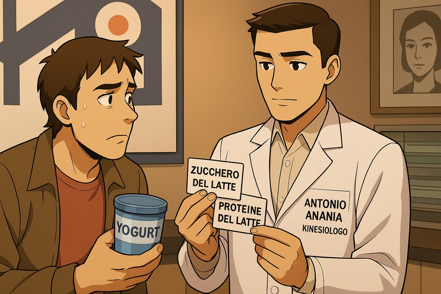 fai un webtoon manga a colori con questo stile, in cui un uomo ASCOLTA Il kinesiologo con il camice bianco (fagli anche la scritta "ANTONIO ANANIA" SUL CAMICE, IL KINESIOLOGO SPIEGA ALL'UOMO UNA COSA TENENDO DUE FOGLIETTINI IN MANO, UNO CON LA SCRITTA "ZUCCHERO DEL LATTE" E UNA CON LA SCRITTA "PROTEINE DEL LATTE". L'UOMO OSSERVA LO YOGURT CHE HA IN MANO CON ESPRESSIONE DUBBIOSA IN VOLTO. non fare i fumetti però, fai solo in modo che sembri stiano parlando emoji