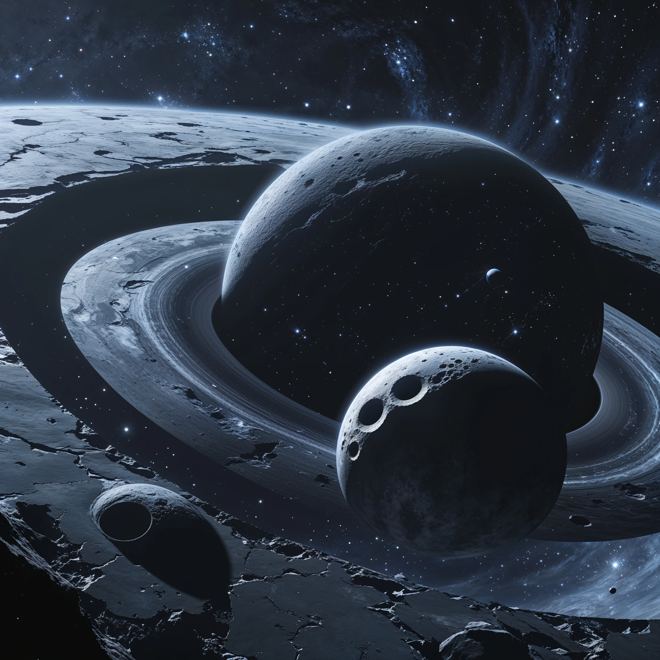 dark cosmic region orbiting black hole. No sunlight. twisted planets and moons circling in quite. Monde Noir looms in the foreground — a cracked, obsidian planet with no atmosphere. moon, Oblieth, nearby, pitted. Stars are distorted by gravitational lensing. emoji