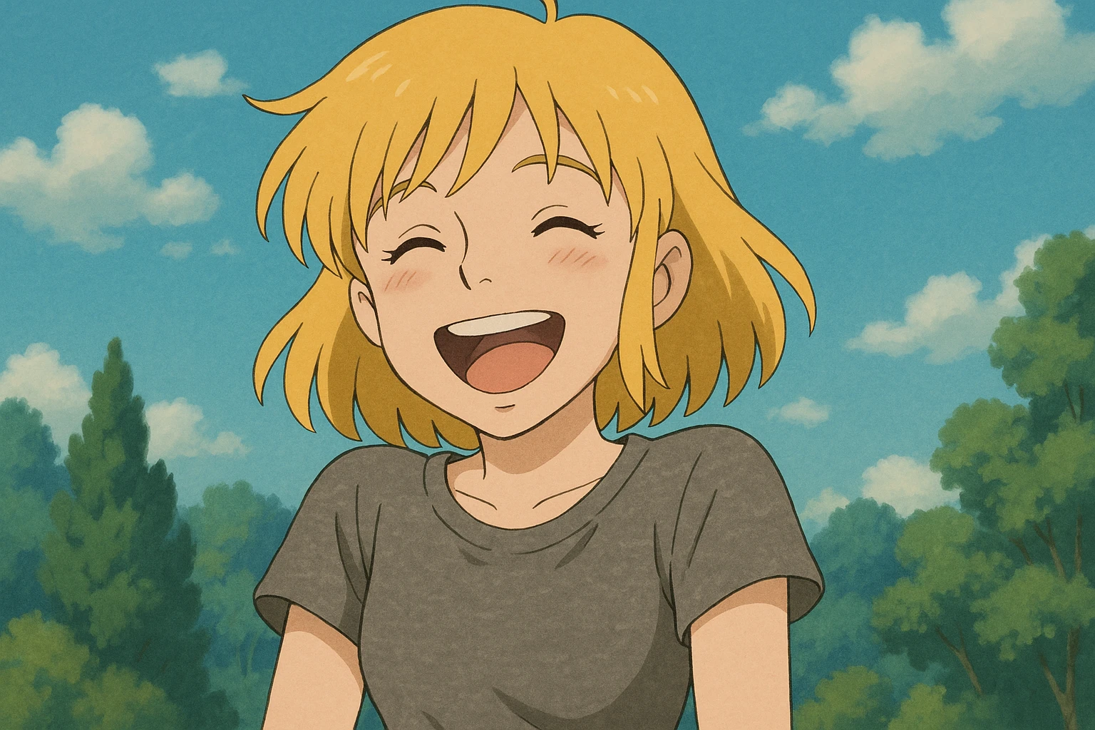 A girl yellow hair brown eyes grey Women's just t's short triblend t-shirt laughing emoji
