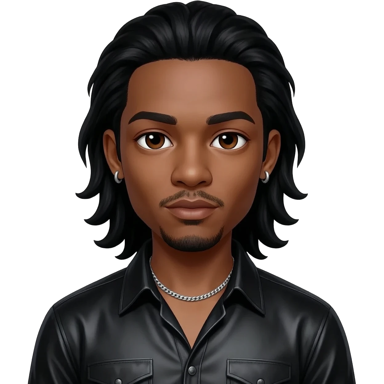 Omarion with dark brown eyes, long black hair, black metallic shirt, silver necklace and short earrings emoji