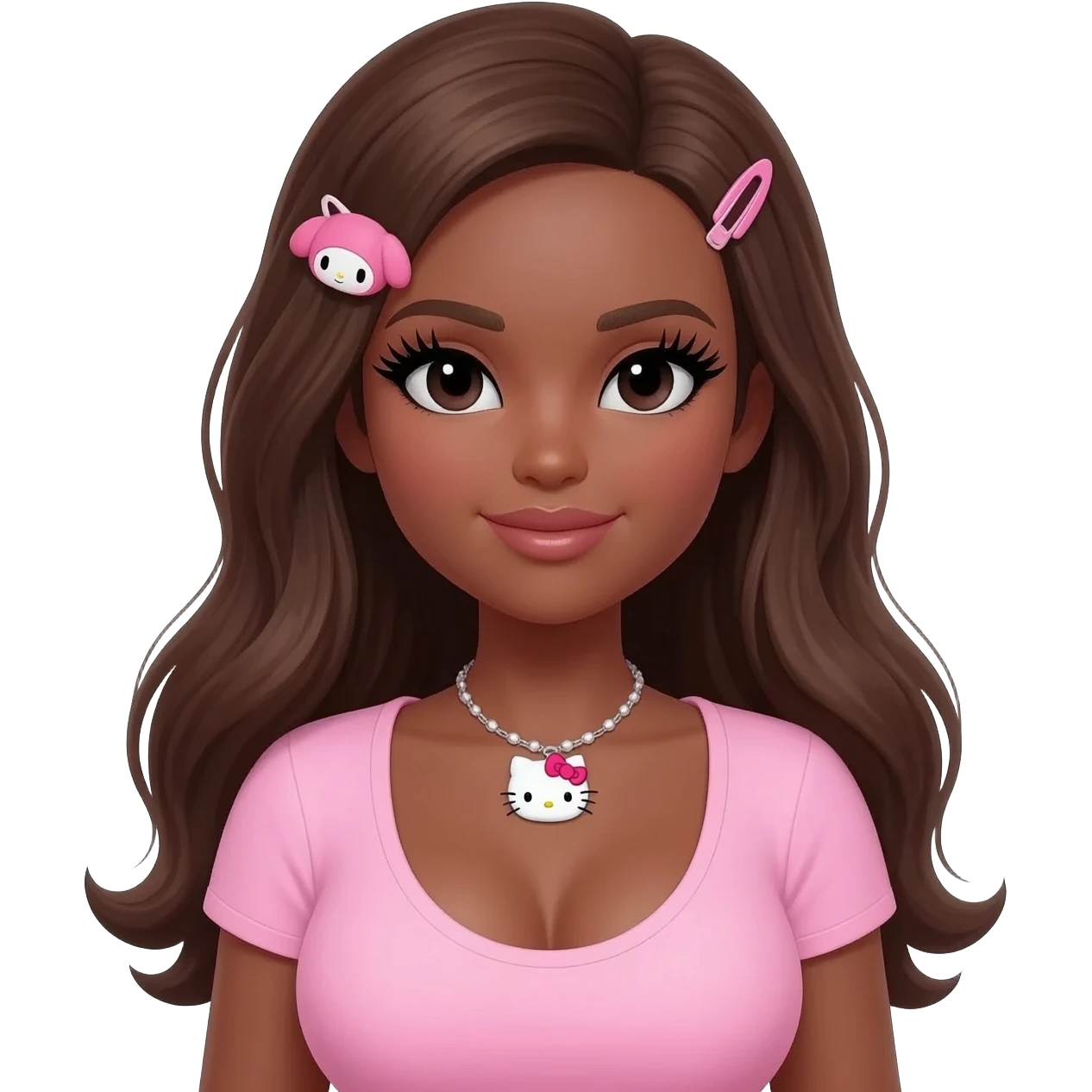 Long giant lashes, my melody hairclip, Doll faced shaped, hello kitty necklace, bimbo, black doll eyes, barbie, dark brown skin with brown hair, light pink bimbo shirt says "blunt" , big breast emoji