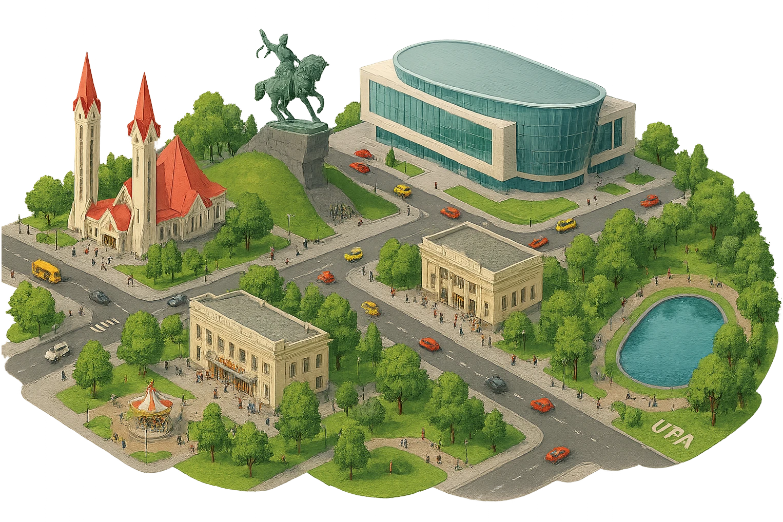 Изометричная чёткая миниатюрная фотореалистичная 3D модель панорамы Уфы — Ляля-Тюльпан, Памятник Салавату Юлаеву, Конгресс-холл Торатау, Кинотеатр «Родина», Парк Якутова и озеро Солдатское, дома, люди, автотранспорт. Вид сверху в изометрии, яркие цвета, прозрачный фон, компактная композиция. emoji