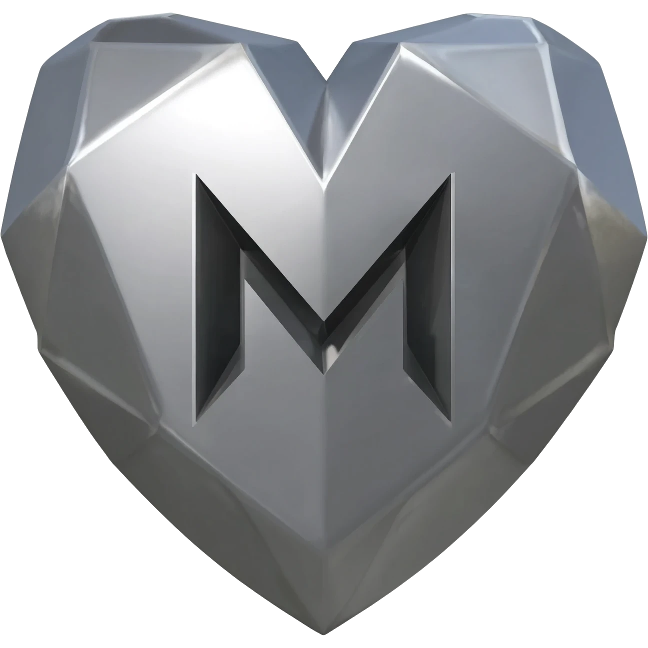 Detailed 3D emoji based on: a large heart shape composed of solid, cold grey industrial steel with sharp geometric facets and subtle brushed texture. Centered exactly in the middle of the heart is a, geometric letter 'M' made of blackened titanium with a contrasting matte finish. Soft lights emoji