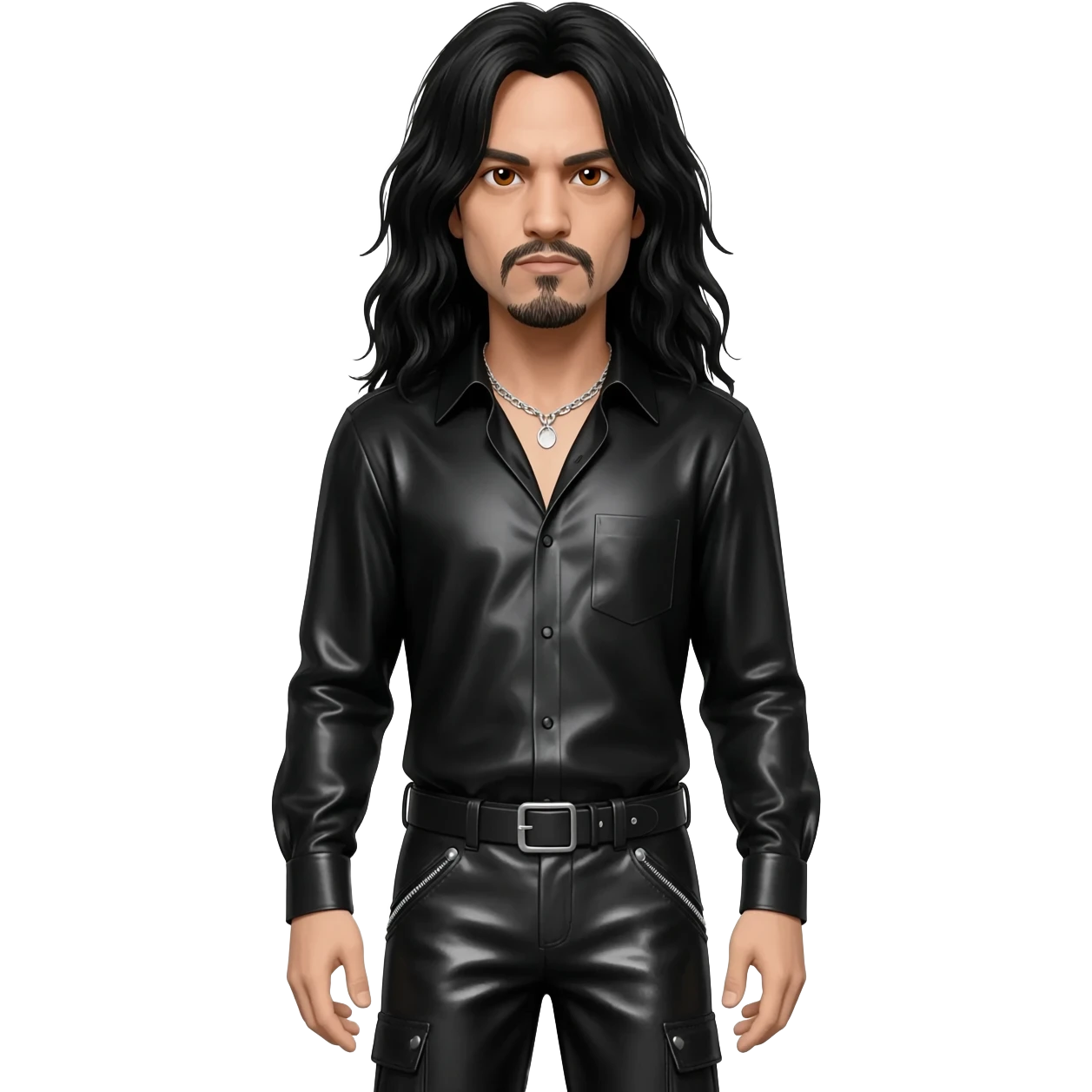 Tom Araya with brown eyes, long black hair, black metallic shirt, black metallic baggy pants, silver necklace emoji