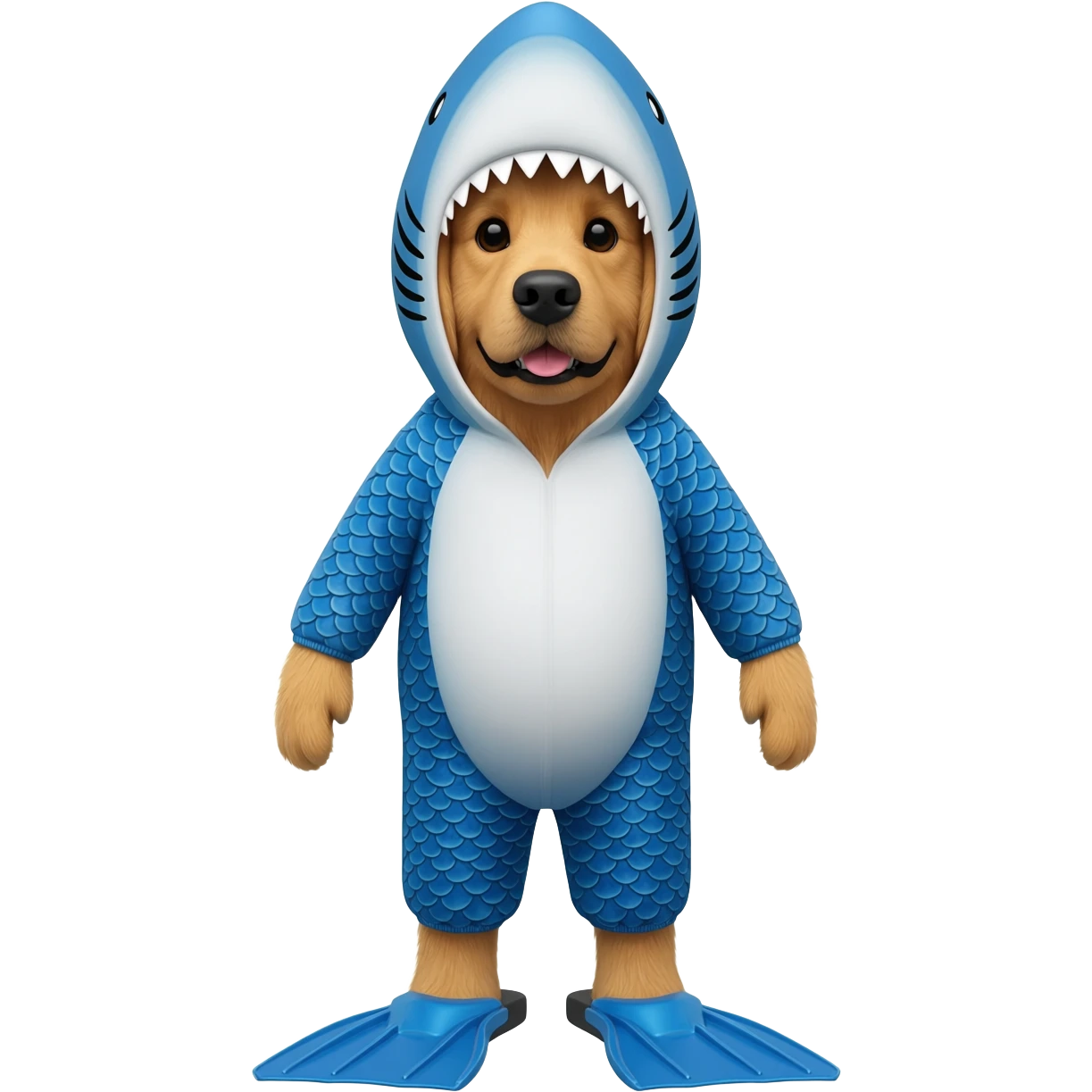 A golden retriever wearing a shark costume emoji