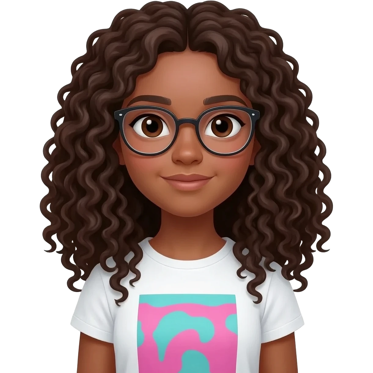 fille blanche foncé/marron très très clair, avec une coupe de cheveux court carré long frisé/bouclé/créou, faire des boucles "anglaises", brun foncé, yeux marron, lunettes, et t-shirt blanc à motif rose et turquoise emoji
