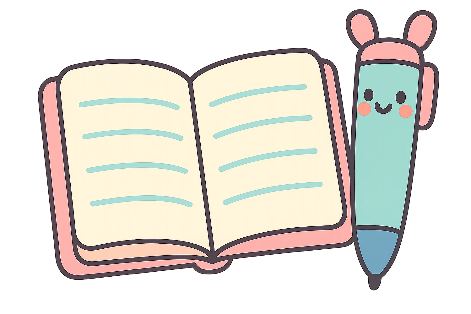 open notebook with a cute pen with ears on the side, pastel toon style, soft pastel colors, friendly look emoji