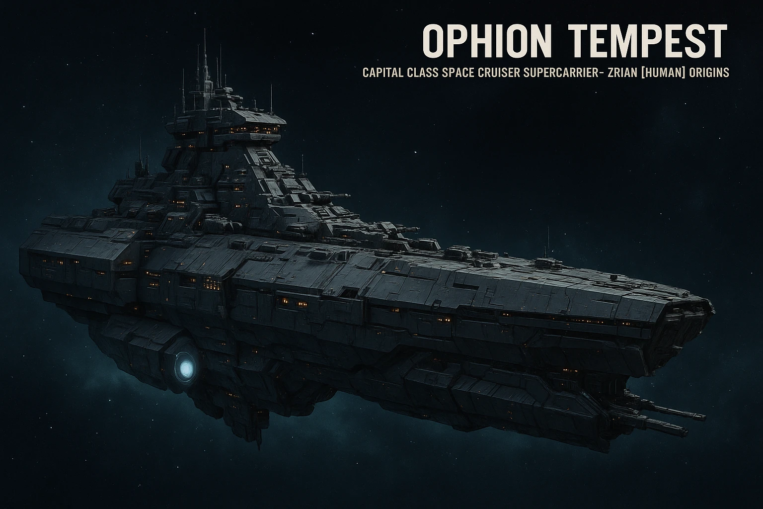 capital class space cruiser supercarrier of Zrian [human] origins, named the "Ophion Tempest" emoji