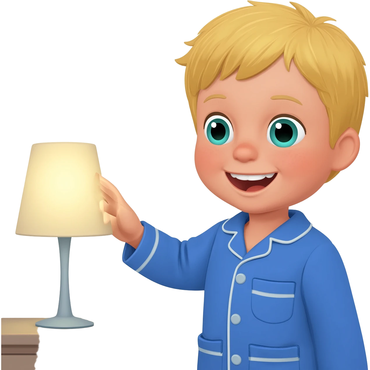 Create an emoji of the same blonde 3 year old as the first one you did. A happy boy with blue-greenish eyes turning off the lights to go to sleep with blue pajamas on emoji