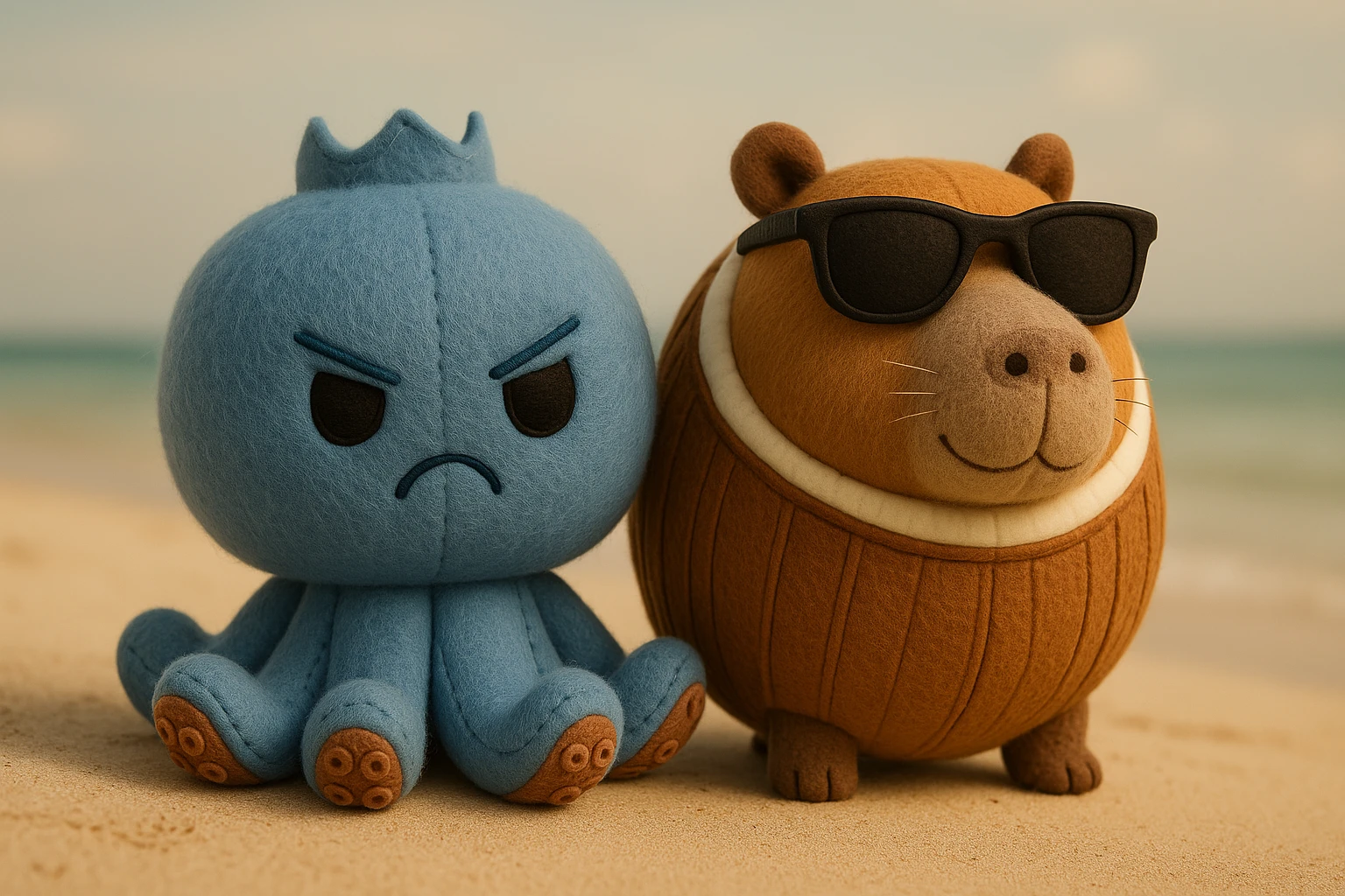 Combine the blue angry octopus plush and the capybara in a coconut shell with sunglasses together in one scene, side by side as if they are friends on an adventure, keeping their original plush portrait style. emoji