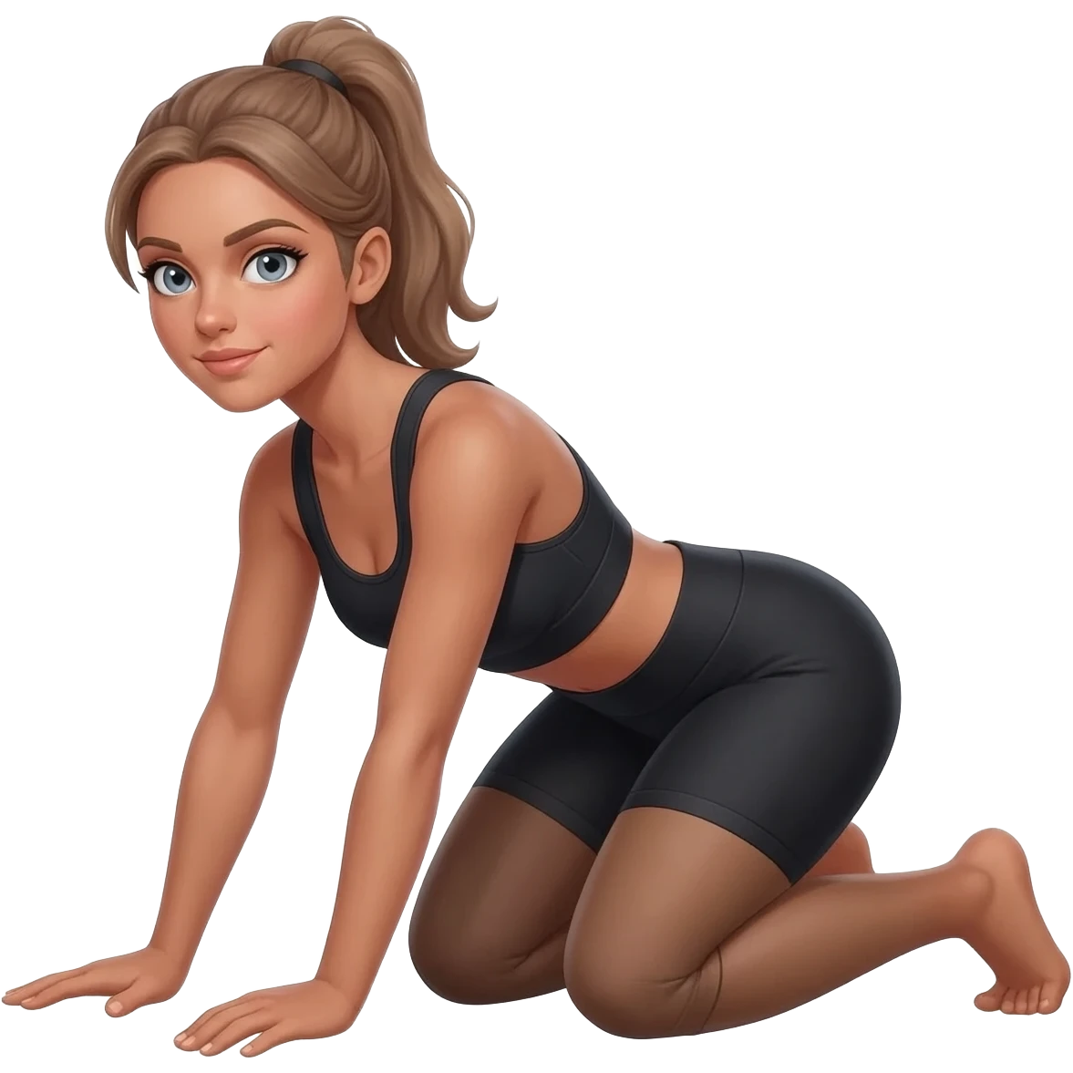squat to reach, fair-skinned woman, light gray-blue eyes, ash brown brows, ash light brown hair tied back, slim athletic body, black workout set emoji