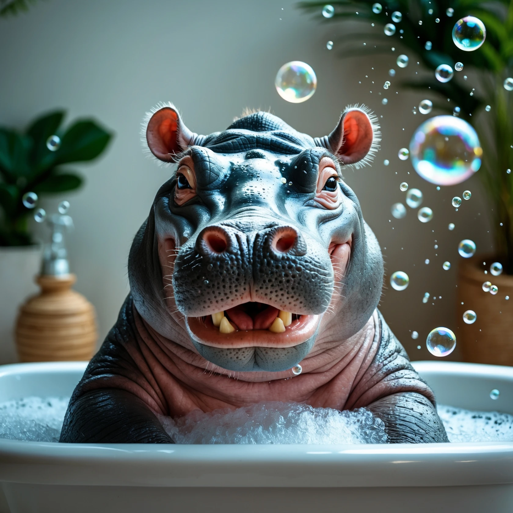 happy hippo with bubbles in bathtub emoji