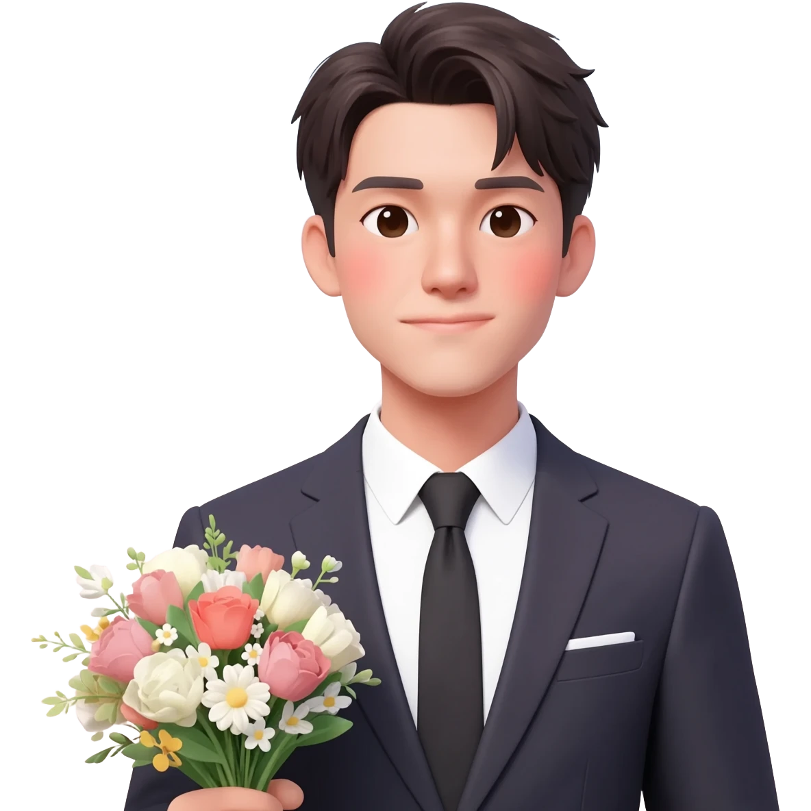 Gorgeous romantic anime style Asian formal modern gentlemanly guy with flowers and blushing face aesthetic trending style outside with colorful gradient colors  pastelcore cottagecore kawaiicore emoji