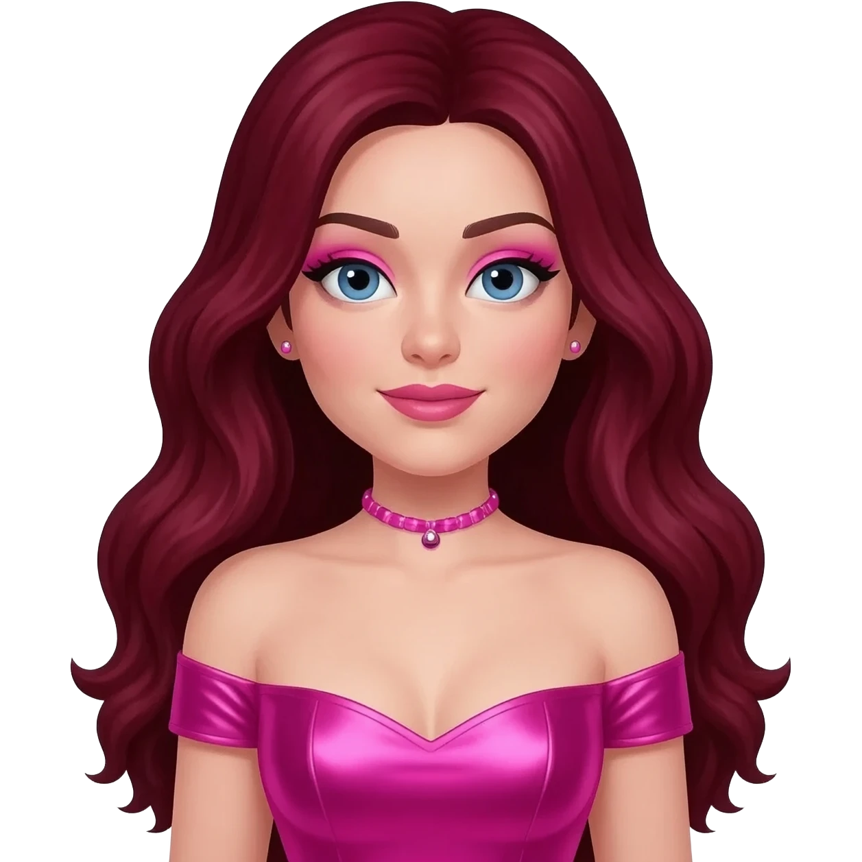 Chappell Roan, Pop Singer (b.1998) with blue eyes, pink makeup, long dark red wavy hair, hot pink metallic sweetheart off shoulder dress, pink necklace and short earrings emoji