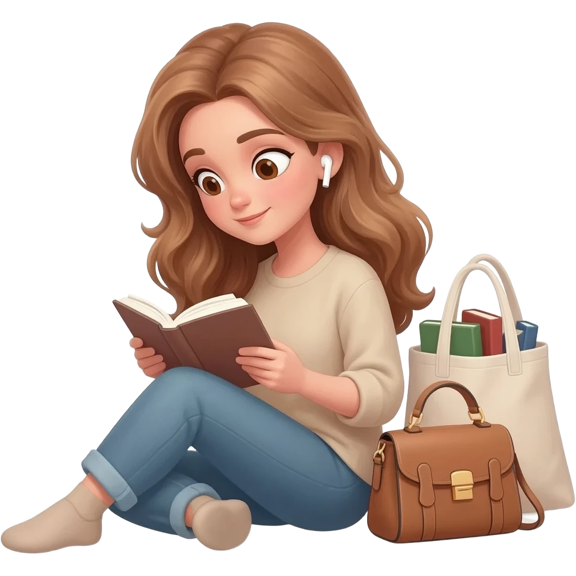 detailed emoji scene of a woman with long light brown wavy hair and light brown eyes reading a book, wearing AirPods in her ears, sitting comfortably with a handbag next to her and a tote bag full of books, cozy reading atmosphere, clean emoji style emoji