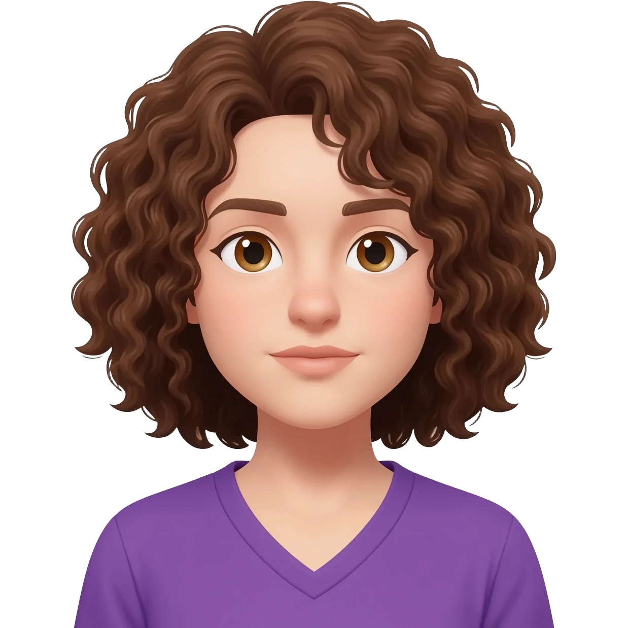 brown curly shoulder length hair, hazel eyes, pail skin, purple v-neck shirt emoji