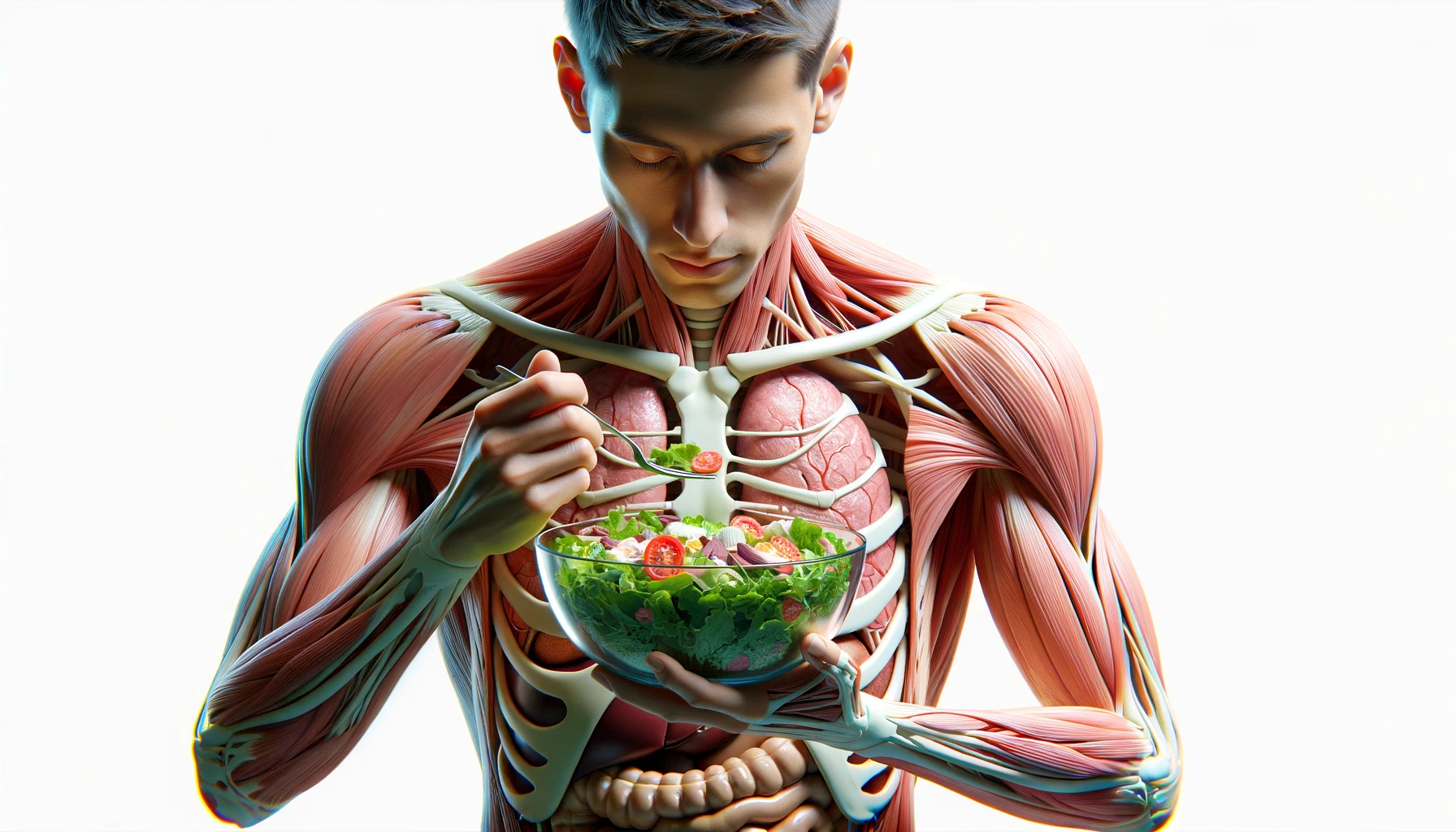corpo umano anatomico con capelli corti che mangia un insalata con espressione serena in volto, organi sani in evidenza, iperrealistica 4k, isolato su sfondo bianco emoji
