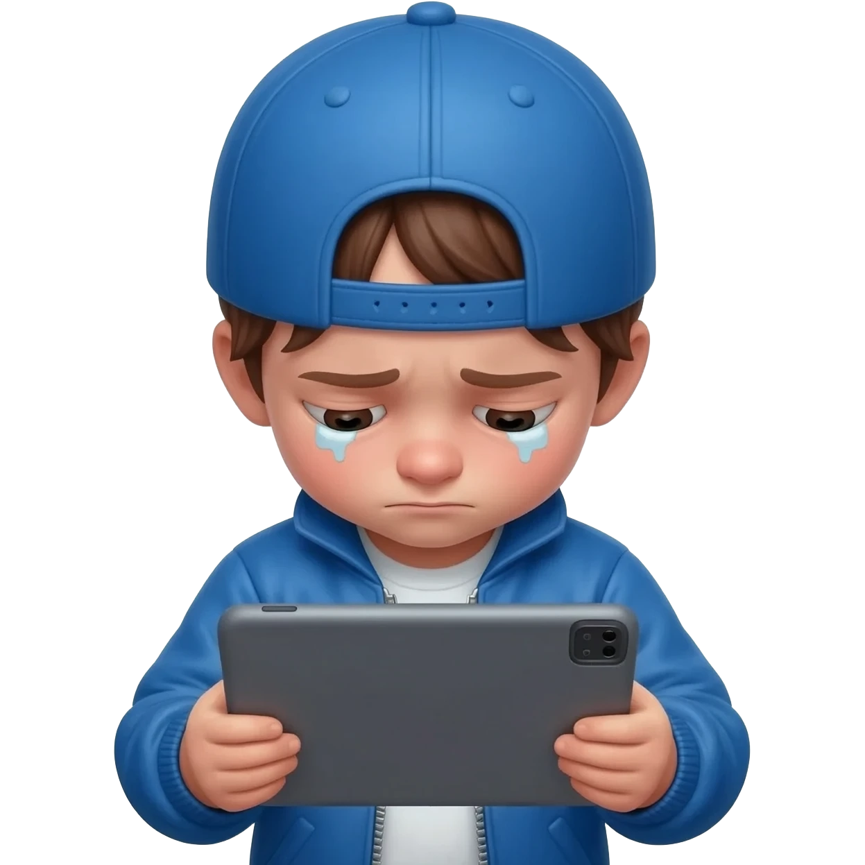 Skinny as fuck white child brown hair with a blue baseball hat and jacket watching YouTube for 24 hours straight On a big as fuck iPad with super diluted and baggy eyes with red lines in the eyes emoji