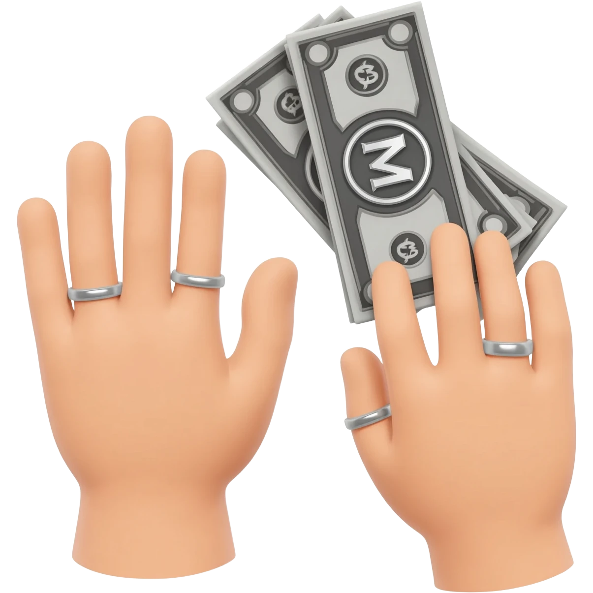 Detailed 3D emoji based on: two male hands with subtle rings, rendered in matte grey. One hand holds a stack of dark, monochromatic "M" dollar bills with a chrome 'M' logo. High contrast, pure white background. emoji