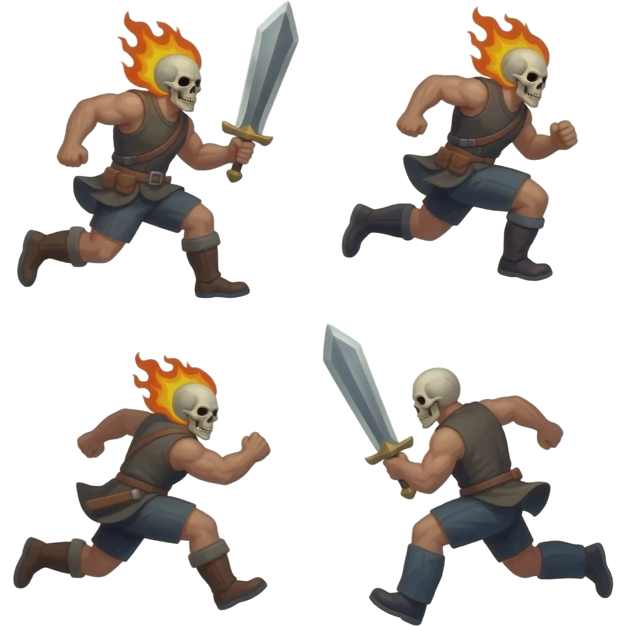 A sprite sheet of a man with a burning skull head and a large sword running, show all 4 stages of him running with no back ground, show the 4 stages of him running in a row, with changing arm and leg positions for each stage of running emoji