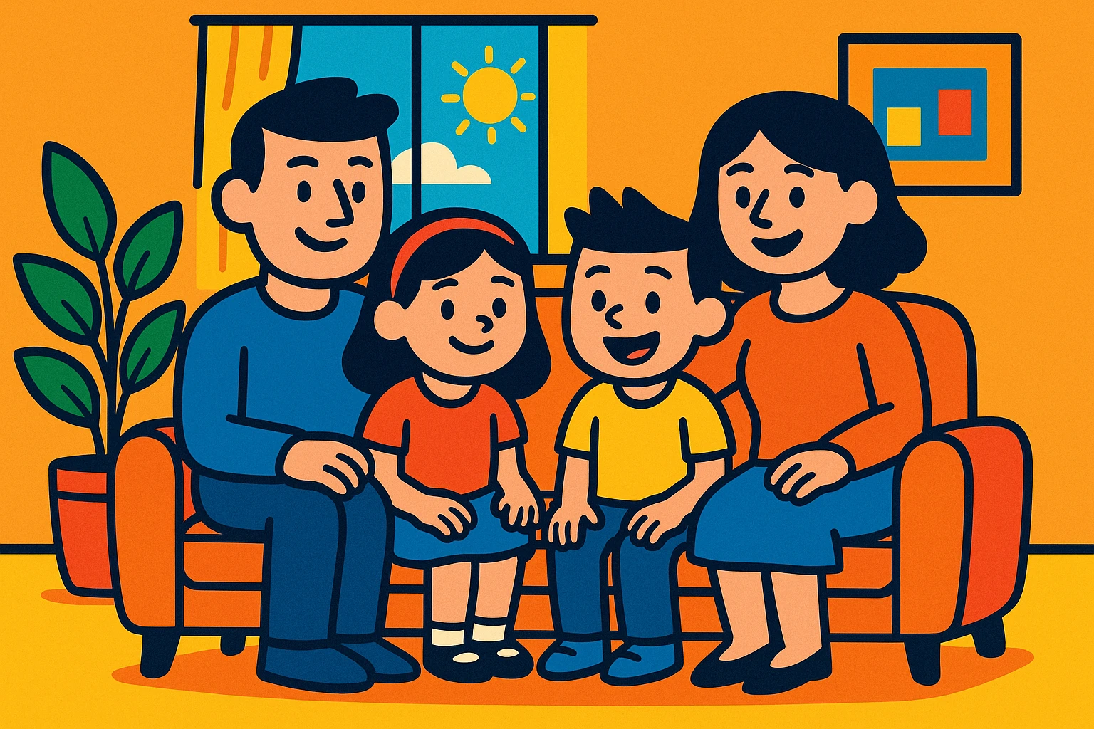 a family of four in a cozy living room, cartoon style, vibrant colors emoji